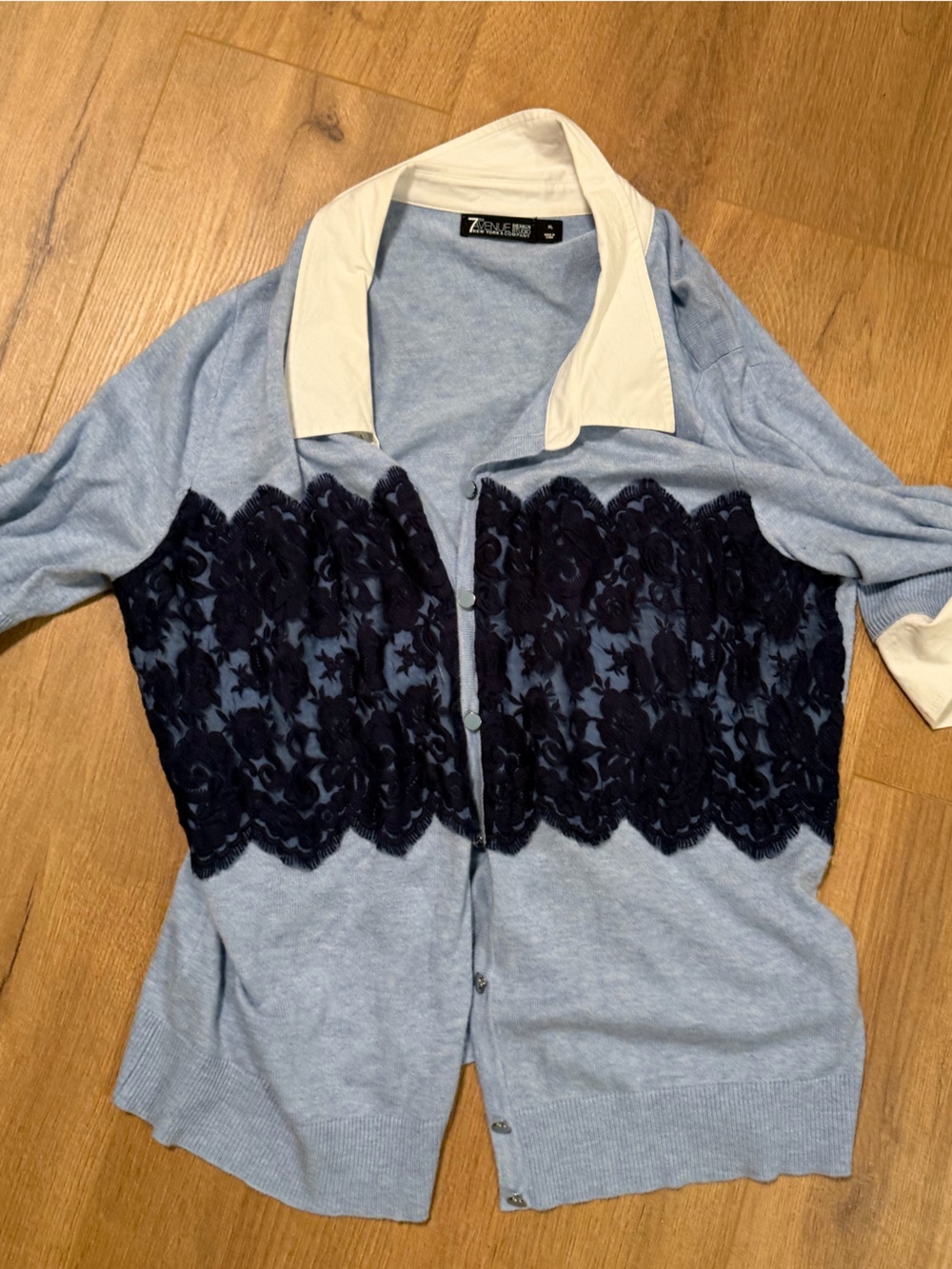 New York & Company Light Blue Cardigan with Navy Lace and Cream Collar